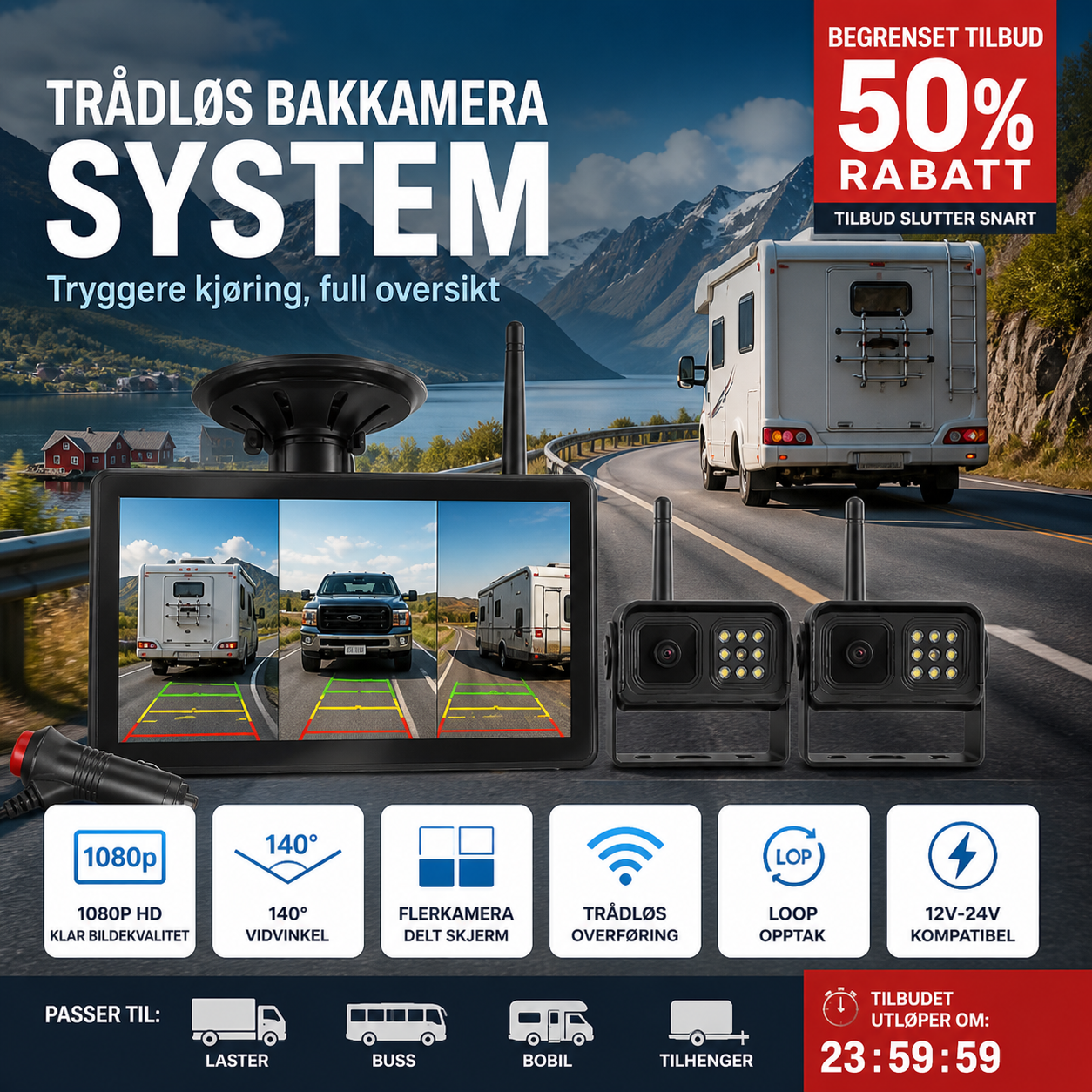 🚛 Trådløst dashcamsystem – 1080P, delt skjerm, 140° synsfelt. Perfekt for lastebiler og bobiler! 📡✨