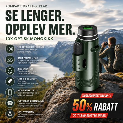 🔭 10x militærkikkert – BAK4, vanntett, lett (249g). Perfekt til jakt, fugletitting og fotografering! 📸✨