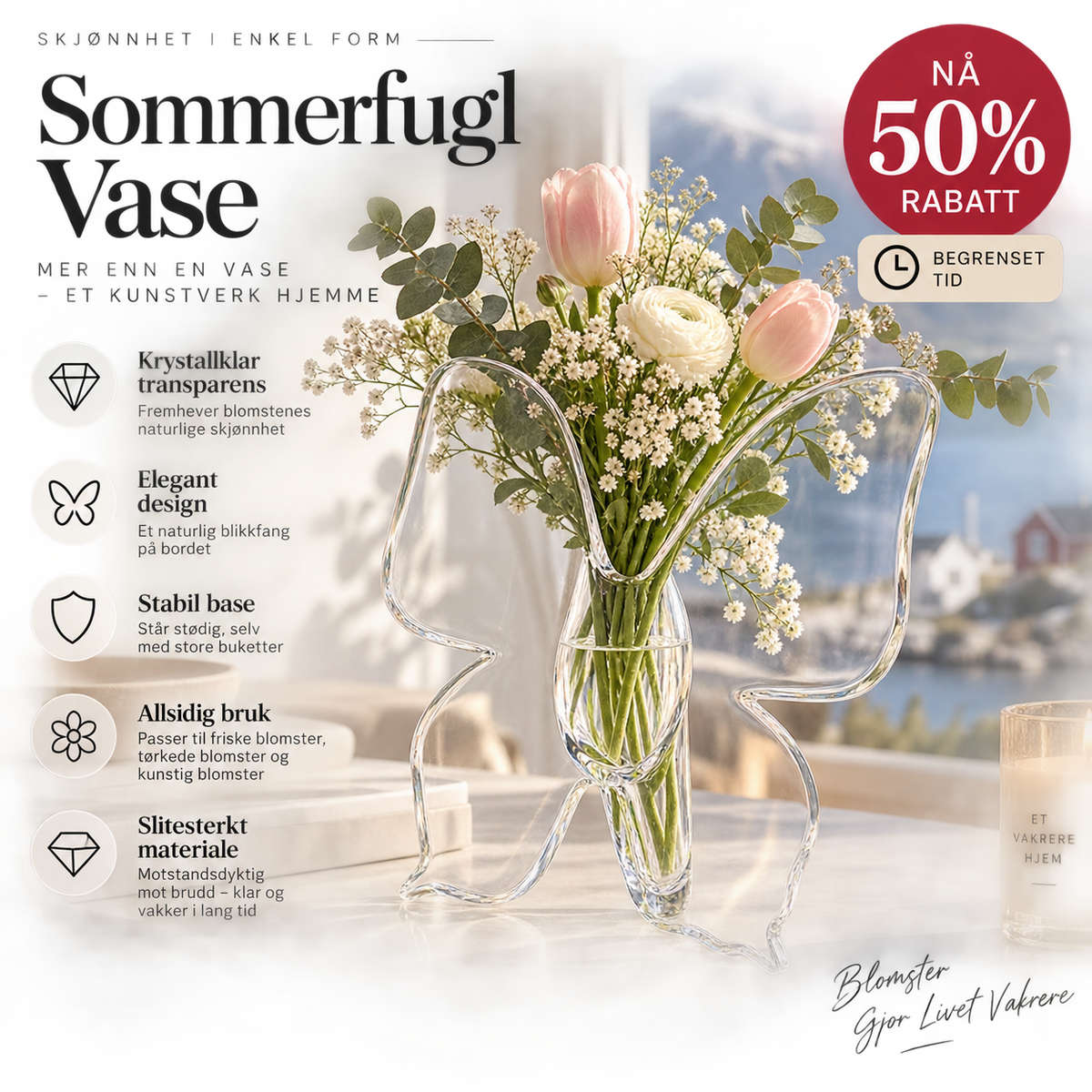 🦋 Gjennomsiktig sommerfuglvas – krystallklar plast, stabil base. Perfekt til blomster, bordpynt og gaver! ✨💐
