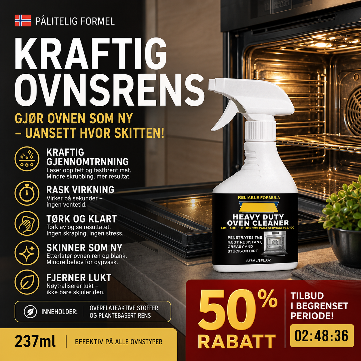 🍳 48% RABATT – Kraftig ovnrens spray – fjerner innbakt fett & matrester – hurtigvirkende – enkel avtørking – luktnøytralisering – for en plettfri ovn