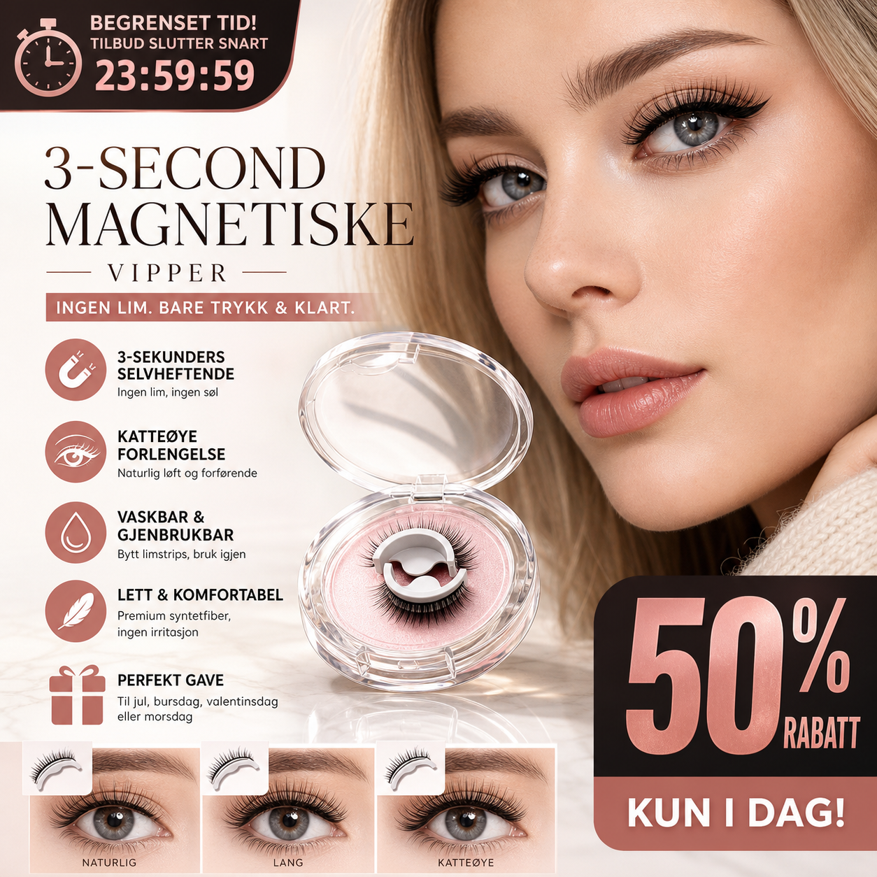 👁️ Luksuriøse Falske Vipper – 3D Silikon & Naturlig Look! ✨ Enkle Å Påføre – Perfekt for Dagbruk & Fest. 🌿 Gjenbrukbare & Skånsomme – Kjøp 3 for 10% Ekstra Rabatt! 💄