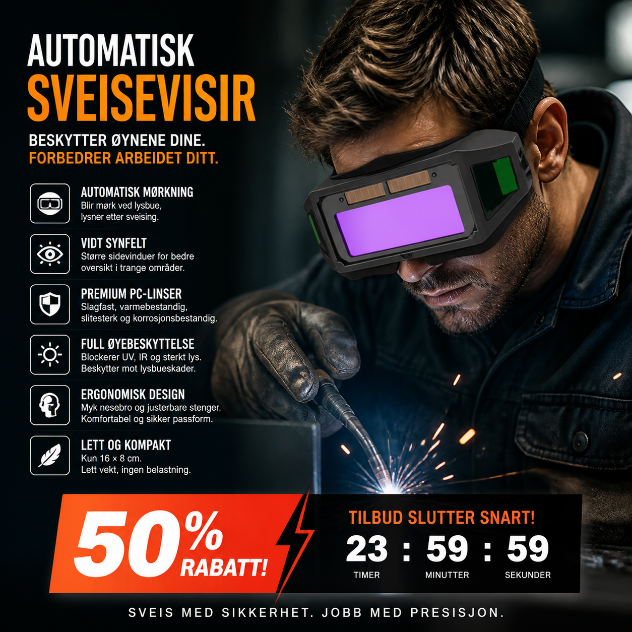 Panoramiske sveisebriller med automatisk mørkningsbeskyttelse og beskyttelse mot intenst lys