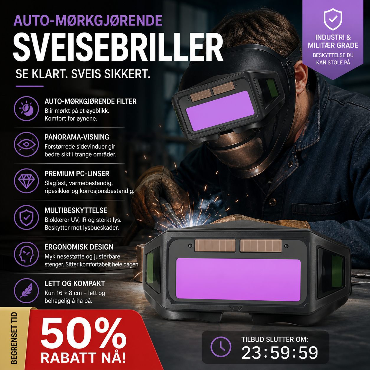 Panoramiske sveisebriller med automatisk mørkningsbeskyttelse og beskyttelse mot intenst lys
