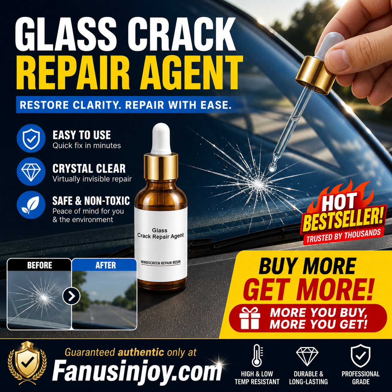 🚗 50% RABATT + KJØP 1, FÅ 1 GRATIS – Glassreparasjonsmiddel – profesjonell kvalitet – fyller sprekker – forbedrer klarhet – allsidig – varig – trygg